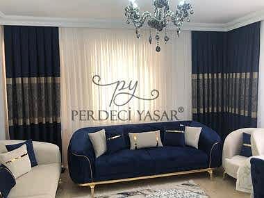 Salon Perdesi Lacivert Beyaz Geçişli Desenli Modern Perde