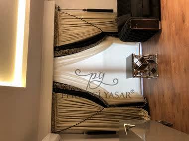 Salon Perdesi Siyah Desenli Haki Renkli Modern Perde